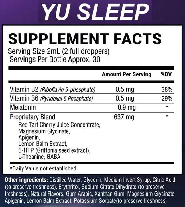 Yu Sleep label showing serving size of 2 mL or two full droppers